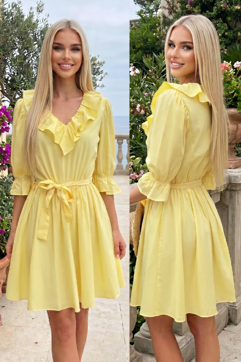 Rochie scurtă de vară, evazată, cu volane și curea DENINZA YELLOW, Culoare: galben, IVET.RO - Reduceri de până la -80%