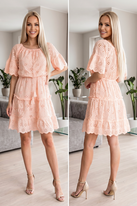 Rochie scurtă romantică din dantelă britanică cu volane CREMELA PUDRA, Culoare: pudră, IVET.RO - Reduceri de până la -80%
