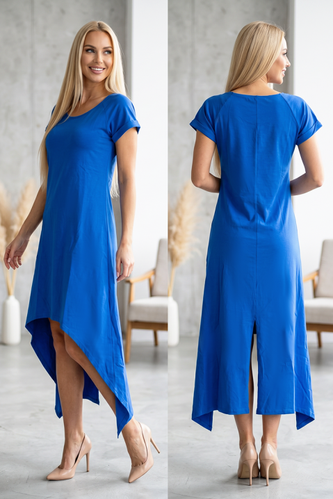Rochie cu lungime asimetrică, mâneci scurte și șliț la spate AZURANA BLUE, Culoare: albastru, IVET.RO - Reduceri de până la -80%