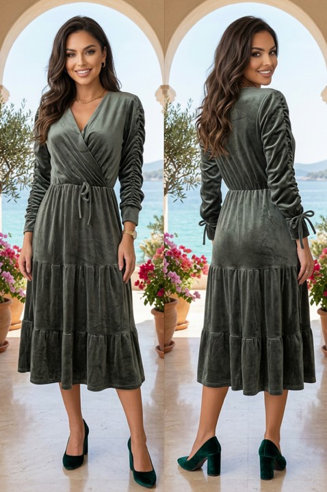 Rochie midi din catifea cu decolteu în V și mâneci lungi drapate VASILENSA DARK GREEN, Culoare: verde închis, IVET.RO - Reduceri de până la -80%