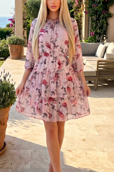 Rochie scurtă delicată cu floral print, volane și legături MARIVELA PINK, Culoare: multicolor, IVET.RO - Reduceri de până la -80%