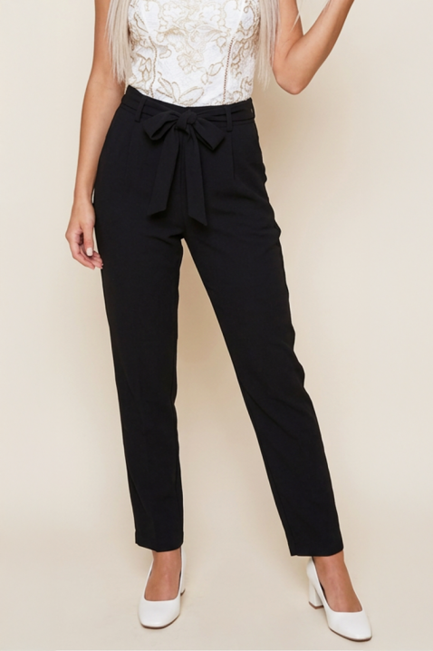 Pantaloni eleganți pentru femei, cu talie înaltă, curea textilă și croială dreaptă VELORINA BLACK, Culoare: negru, IVET.RO - Reduceri de până la -80%