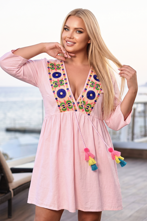 Rochie boho tip tunică cu broderie etno și ciucuri colorați FIORAVELA PUDRA, Culoare: pudră, IVET.RO - Reduceri de până la -80%