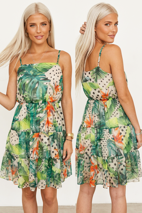 Rochie scurtă delicată cu floral print, bretele subțiri și fustă în straturi ELIVERA GREEN, Culoare: verde, IVET.RO - Reduceri de până la -80%