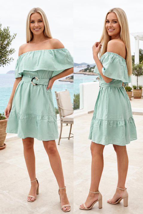 Rochie scurtă fresh cu umeri goi, volan și curea MARIVELSA MINT, Culoare: mentă, IVET.RO - Reduceri de până la -80%