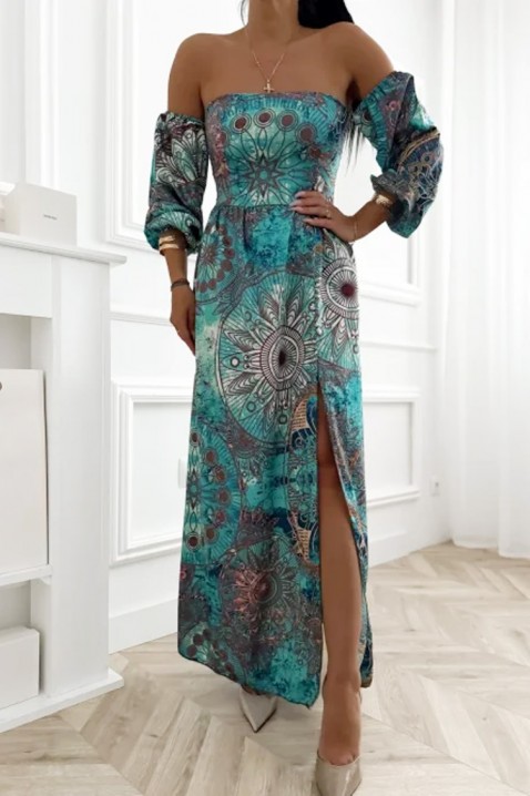 Rochie lungă de vară cu imprimeu etno, umeri goi și fantă HALIANA, Culoare: multicolor, IVET.RO - Reduceri de până la -80%