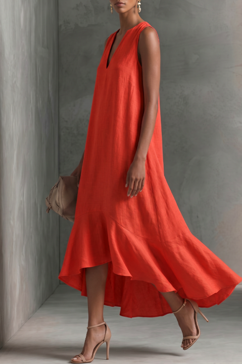 Rochie midi asimetrică, fără mâneci, cu decolteu în V și croială lejeră ZENVELA RED, Culoare: roșu, IVET.RO - Reduceri de până la -80%