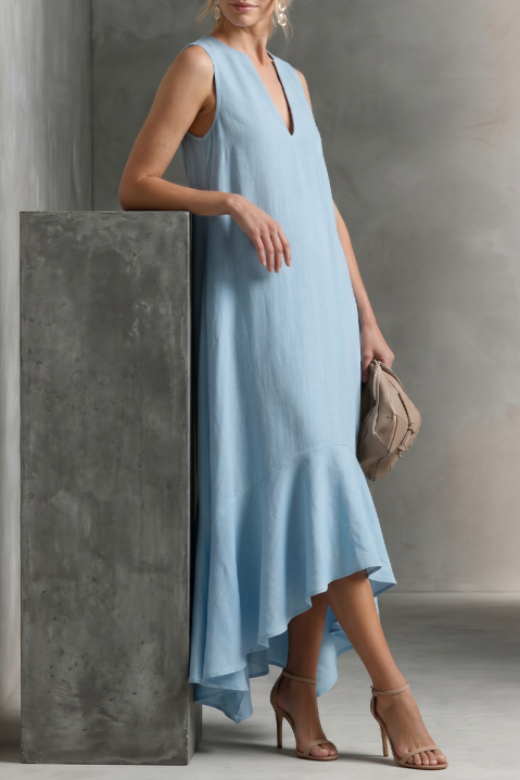 Rochie midi asimetrică, fără mâneci, cu decolteu în V și croială lejeră ZENVELA SKY, Culoare: albastru deschis, IVET.RO - Reduceri de până la -80%