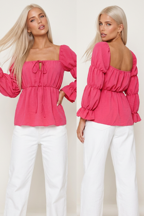 Bluză damă cu mâneci bufante, decolteu pătrat și șnur decorativ ROSAVIA PINK, Culoare: roz, IVET.RO - Reduceri de până la -80%