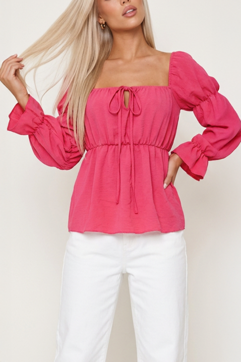 Bluză damă cu mâneci bufante, decolteu pătrat și șnur decorativ ROSAVIA PINK, Culoare: roz, IVET.RO - Reduceri de până la -80%
