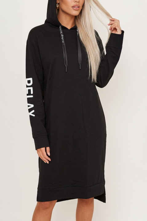 Rochie tip hanorac midi cu glugă și imprimeu grafic spectaculos RELAXINA BLACK, Culoare: negru, IVET.RO - Reduceri de până la -80%
