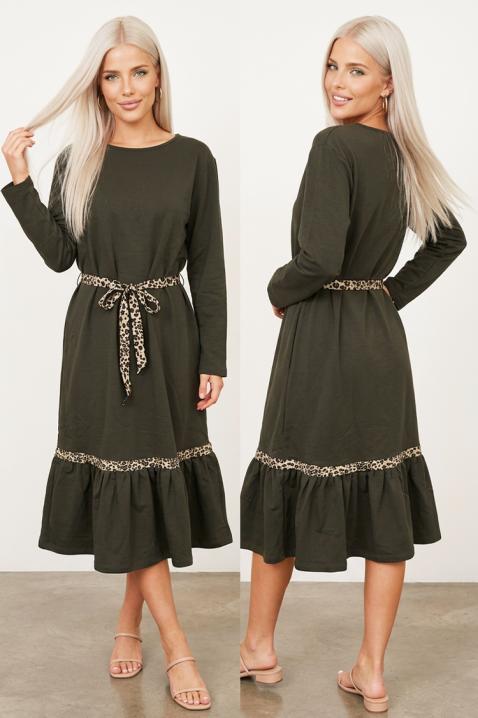Rochie midi cu mâneci lungi, curea animal print și volan NERAVIA KHAKI, Culoare: khaki, IVET.RO - Reduceri de până la -80%