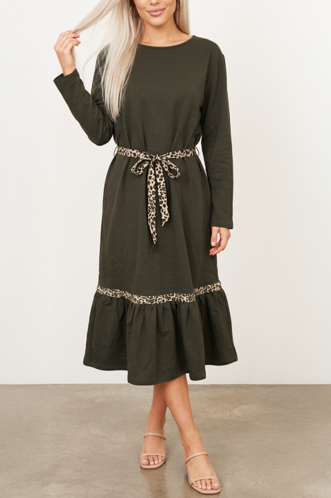 Rochie midi cu mâneci lungi, curea animal print și volan NERAVIA KHAKI, Culoare: khaki, IVET.RO - Reduceri de până la -80%