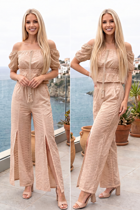 Set de vară pentru femei cu top cu umeri goi și pantaloni cu tăieturi BIANORA BEIGE, Culoare: bej, IVET.RO - Reduceri de până la -80%