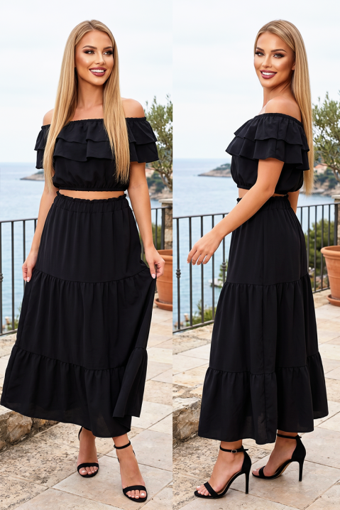 Set pentru femei cu top cu volane și fustă maxi FENELIANA BLACK, Culoare: negru, IVET.RO - Reduceri de până la -80%