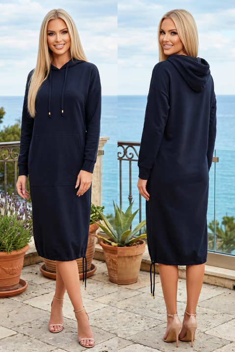 Rochie midi sport-elegantă cu glugă, buzunar și tiv elastic LIVARINA NAVY, Culoare: bleumarin, IVET.RO - Reduceri de până la -80%
