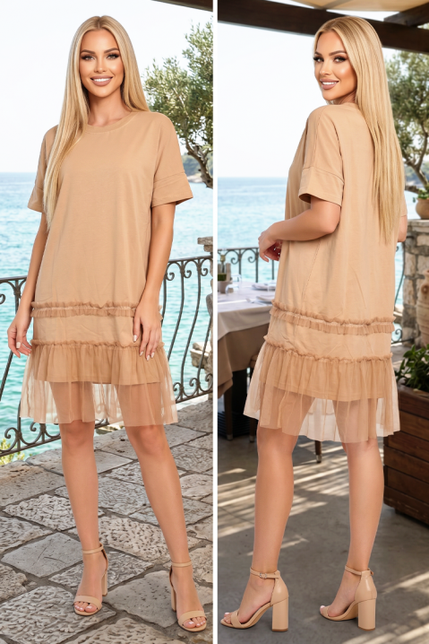 Rochie scurtă sport-elegantă tip tricou cu volane din tul MIREVINA BEIGE, Culoare: bej, IVET.RO - Reduceri de până la -80%
