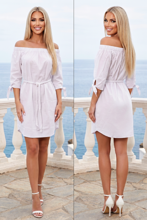 Rochie scurtă spectaculoasă cu umeri goi, mâneci 3/4 și curea împletită ROVELINSA WHITE, Culoare: alb, IVET.RO - Reduceri de până la -80%