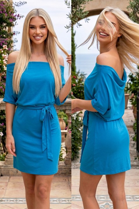Rochie scurtă cu umeri goi, șnur în talie și croială lejeră MORAVIA BLUE, Culoare: albastru, IVET.RO - Reduceri de până la -80%