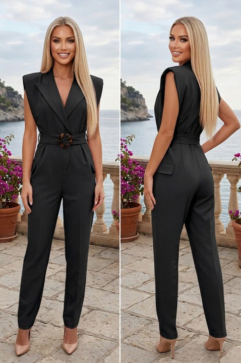 Salopetă pentru femei, cu guler tip rever, curea cu cataramă și siluetă alungită AVELORA BLACK, Culoare: negru, IVET.RO - Reduceri de până la -80%