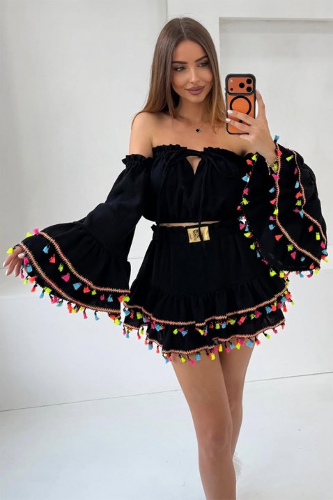 Set boho pentru femei, cu top scurt cu mâneci statement și fustă mini cu franjuri FIESTIA BLACK, Culoare: negru, IVET.RO - Reduceri de până la -80%