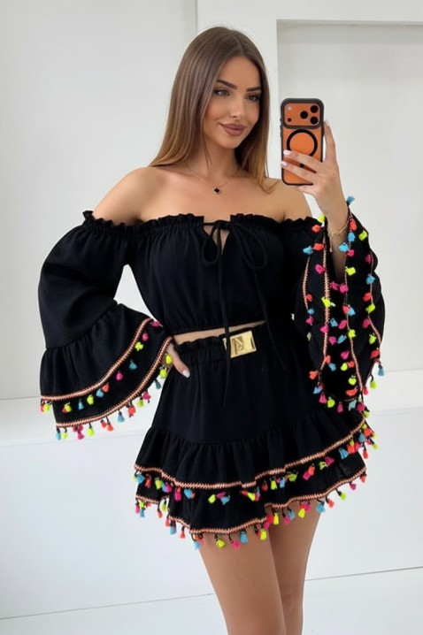 Set boho pentru femei, cu top scurt cu mâneci statement și fustă mini cu franjuri FIESTIA BLACK, Culoare: negru, IVET.RO - Reduceri de până la -80%