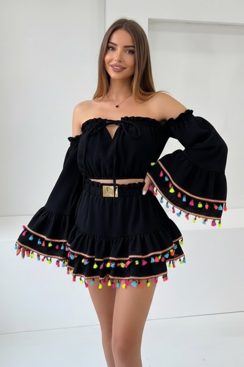 Set boho pentru femei, cu top scurt cu mâneci statement și fustă mini cu franjuri FIESTIA BLACK, Culoare: negru, IVET.RO - Reduceri de până la -80%