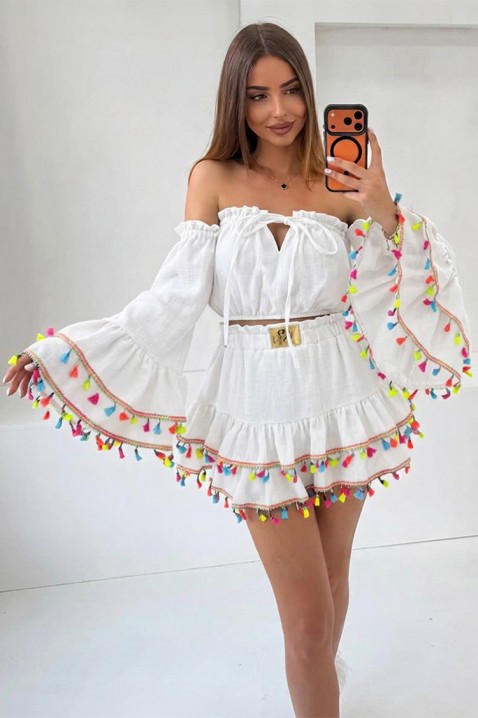 Set boho pentru femei cu top scurt cu mâneci statement și fustă mini cu ciucuri FIESTIA WHITE, Culoare: alb, IVET.RO - Reduceri de până la -80%