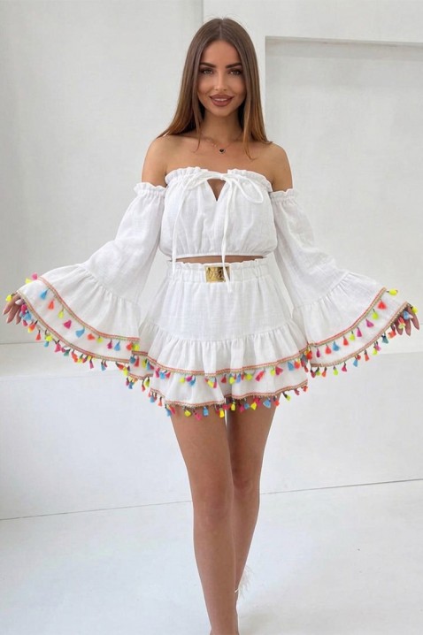 Set boho pentru femei cu top scurt cu mâneci statement și fustă mini cu ciucuri FIESTIA WHITE, Culoare: alb, IVET.RO - Reduceri de până la -80%