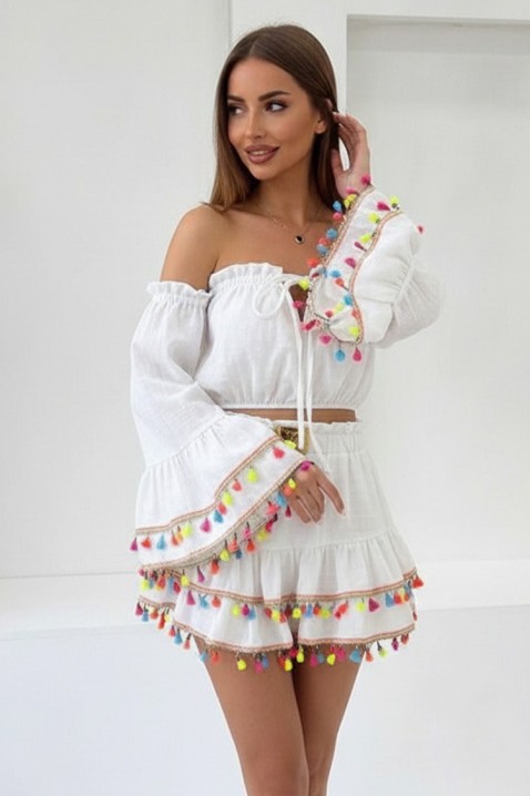Set boho pentru femei cu top scurt cu mâneci statement și fustă mini cu ciucuri FIESTIA WHITE, Culoare: alb, IVET.RO - Reduceri de până la -80%