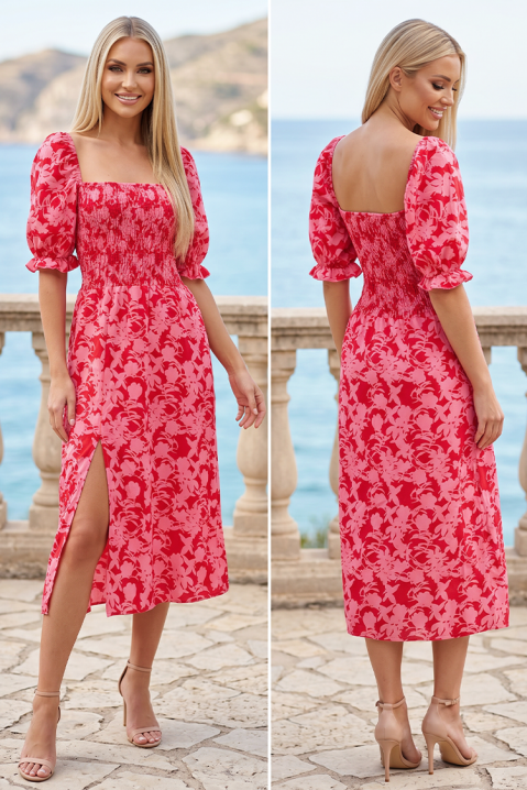 Rochie midi romantică cu floral print, mâneci bufante și fantă ROSALVINA PINK, Culoare: multicolor, IVET.RO - Reduceri de până la -80%
