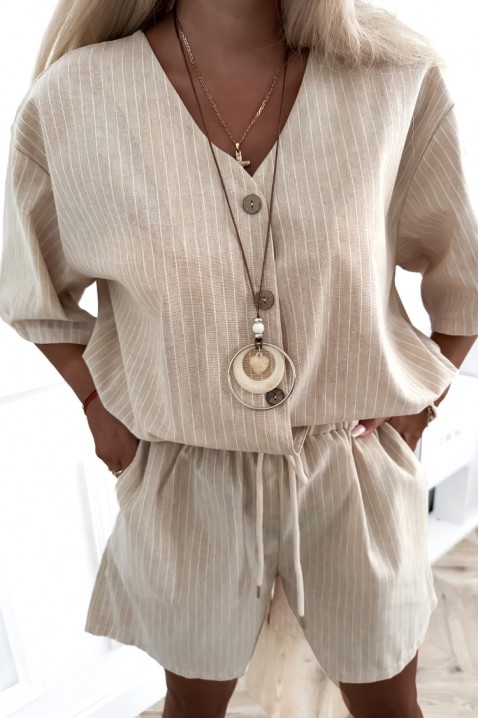 Set pentru femei cu dungi, cămașă cu croială lejeră și pantaloni scurți EFESINA BEIGE, Culoare: bej, IVET.RO - Reduceri de până la -80%