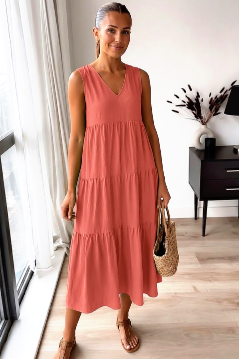 Rochie midi vaporoasă potrivita pentru vară cu decolteu V VELRINA CORAL, Culoare: coral, IVET.RO - Reduceri de până la -80%
