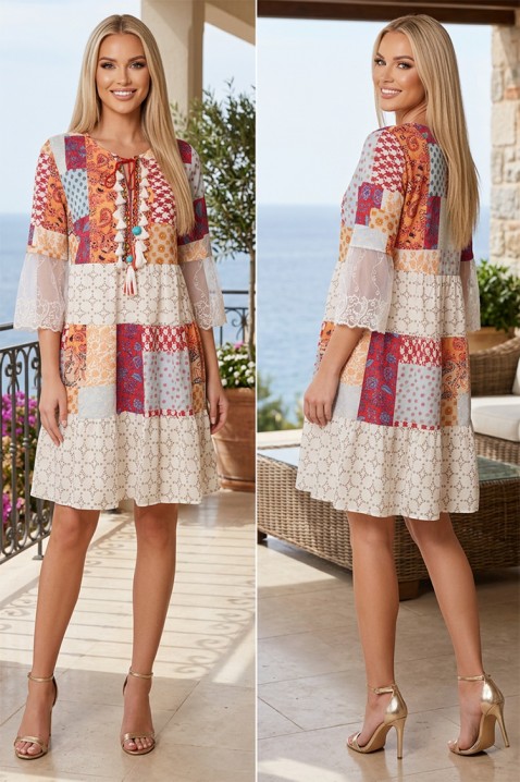 Rochie scurtă boho lejeră cu imprimeu patchwork și mâneci din dantelă FANTAVELA ECRU, Culoare: multicolor, IVET.RO - Reduceri de până la -80%