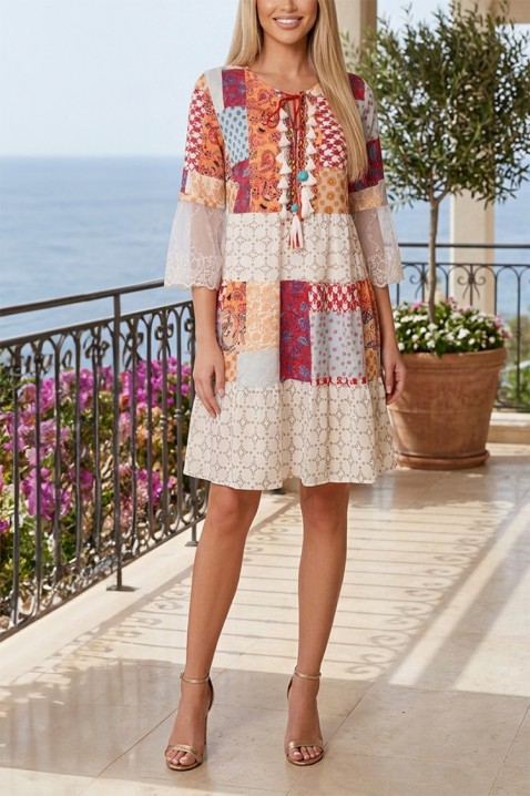 Rochie scurtă boho lejeră cu imprimeu patchwork și mâneci din dantelă FANTAVELA ECRU, Culoare: multicolor, IVET.RO - Reduceri de până la -80%