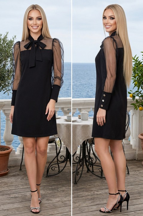 Rochie scurtă rafinată cu fundă elegantă și mâneci transparente NERAVELIA BLACK, Culoare: negru, IVET.RO - Reduceri de până la -80%