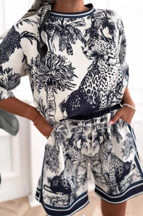 Set damă cu pantaloni scurți, bluză și print exotic SAVERINA NAVY, Culoare: albastru închis și alb  , IVET.RO - Reduceri de până la -80%