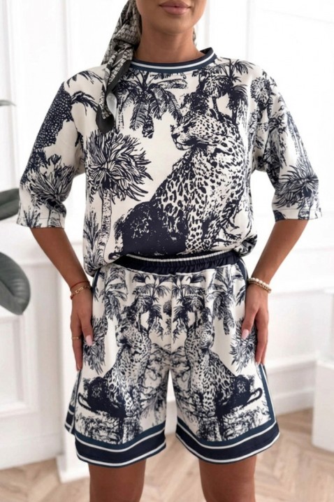 Set damă cu pantaloni scurți, bluză și print exotic SAVERINA NAVY, Culoare: albastru închis și alb  , IVET.RO - Reduceri de până la -80%