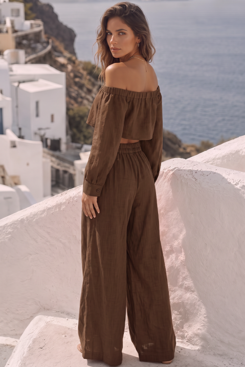 Set de damă cu top cu umeri căzuți și pantaloni largi JEZABEL BROWN, Culoare: maro, IVET.RO - Reduceri de până la -80%