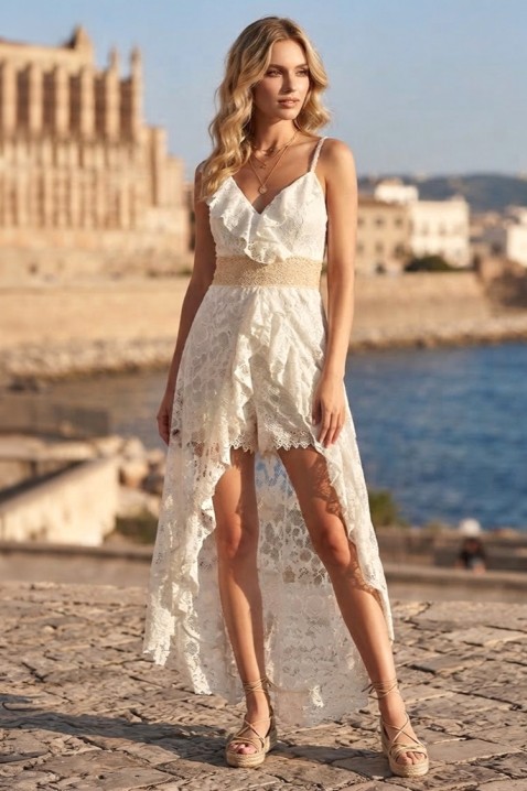 Salopetă pentru femei cu detalii din dantelă, volane și linie asimetrică în stil boho AVELIRA, Culoare: ecru, IVET.RO - Reduceri de până la -80%