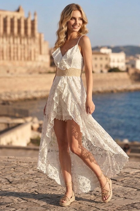Salopetă pentru femei cu detalii din dantelă, volane și linie asimetrică în stil boho AVELIRA, Culoare: ecru, IVET.RO - Reduceri de până la -80%