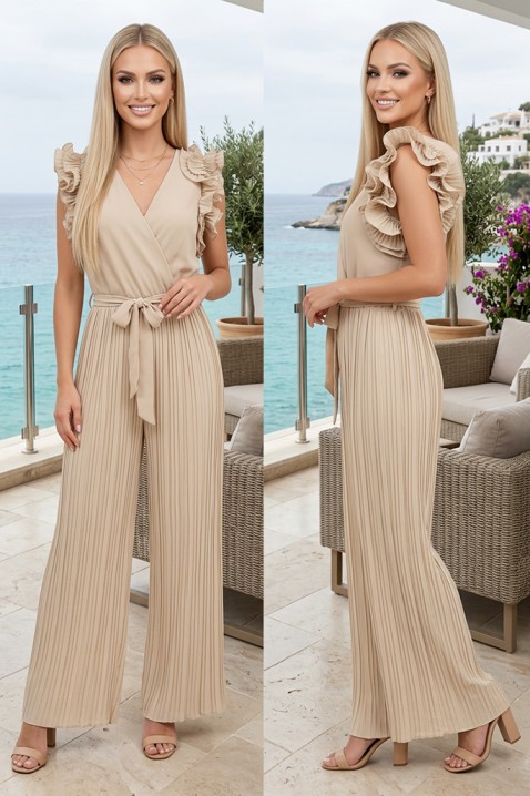 Salopetă plisată cu decolteu petrecut, volane și curea VIRENZIA BEIGE, Culoare: bej, IVET.RO - Reduceri de până la -80%