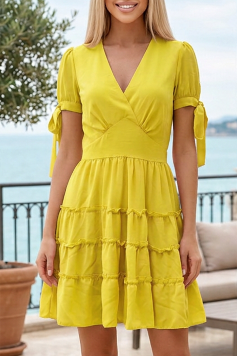 Rochie scurtă cu decolteu petrecut, legături pe mâneci și volane SOLENARA YELLOW, Culoare: galben, IVET.RO - Reduceri de până la -80%