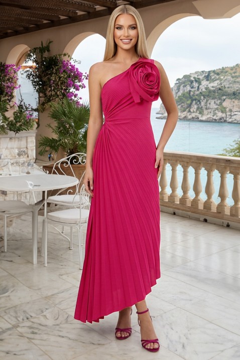 Rochie lungă plisată cu floare decorativă voluminoasă ROSAVITA FUCHSIA, Culoare: fuchsia, IVET.RO - Reduceri de până la -80%