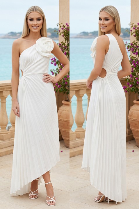 Rochie lungă plisată cu floare decorativă voluminoasă ROSAVITA WHITE, Culoare: alb, IVET.RO - Reduceri de până la -80%