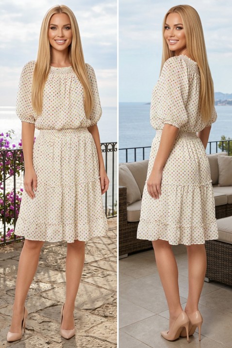 Rochie scurtă delicată cu imprimeu de buline colorate și fustă cu volane CANTORIA ECRU, Culoare: multicolor, IVET.RO - Reduceri de până la -80%