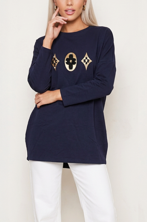 Bluză lejeră de zi pentru femei cu mâneci lungi și motive decorative spectaculoase BRENZIA NAVY, Culoare: bleumarin, IVET.RO - Reduceri de până la -80%