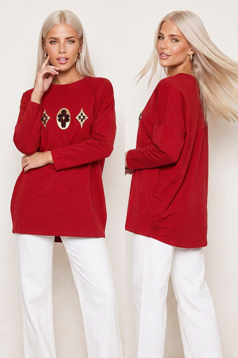 Bluză damă lejeră de zi cu mâneci lungi și motive decorative spectaculoase BRENZIA RED, Culoare: roșu, IVET.RO - Reduceri de până la -80%