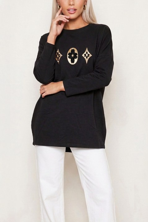 Bluză damă lejeră pentru fiecare zi, cu mâneci lungi și motive decorative spectaculoase BRENZIA BLACK, Culoare: negru, IVET.RO - Reduceri de până la -80%