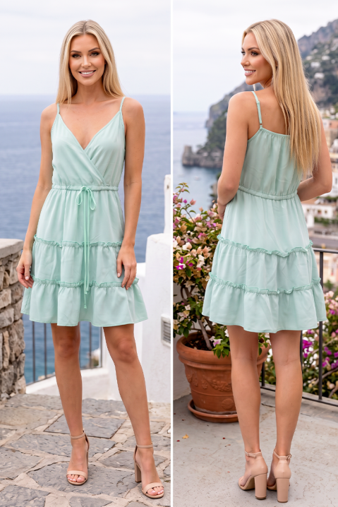 Rochie scurtă delicată cu bretele subțiri și volane KARINIA MINT, Culoare: mentă, IVET.RO - Reduceri de până la -80%